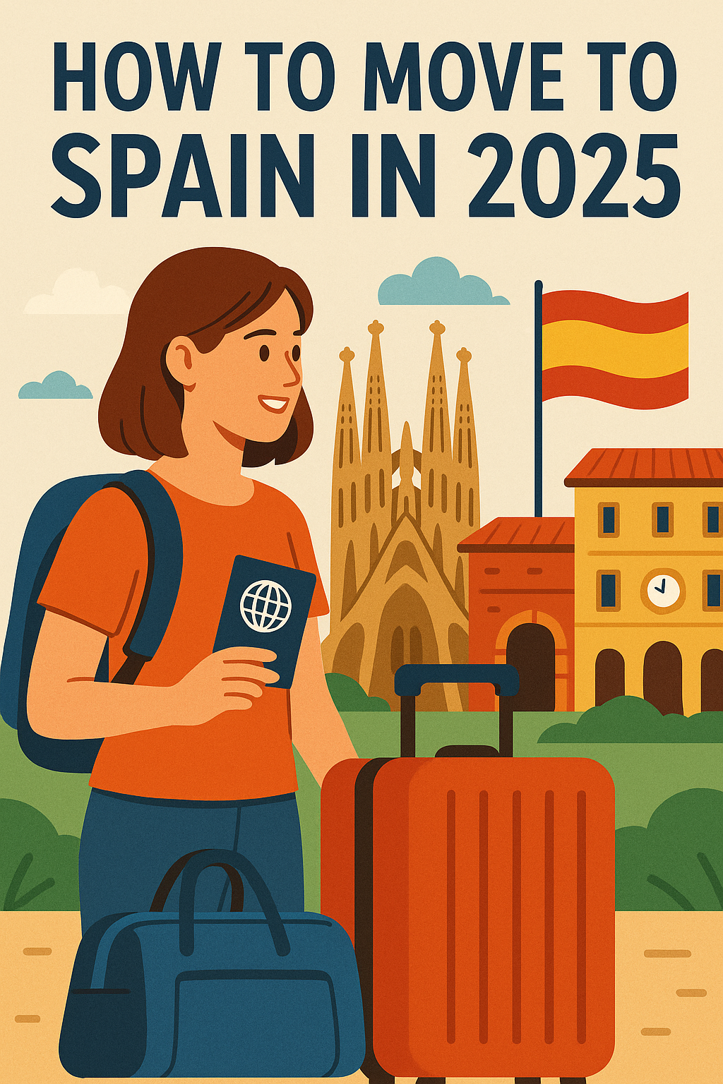 Illustration of a smiling woman holding a passport and standing with luggage in front of iconic Spanish landmarks, including the Sagrada Família and colorful historic buildings, with a Spanish flag waving nearby. The title "How to Move to Spain in 2025" is displayed at the top in bold text.