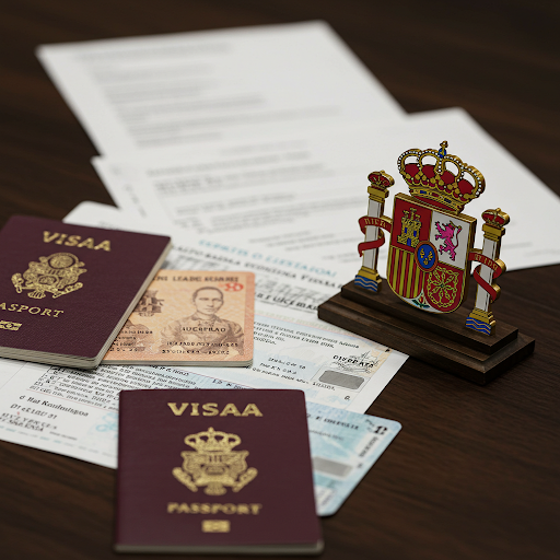 A stack of official documents, including a visa application, with a Spanish symbol on the top document. The image is a redesigned version without any text